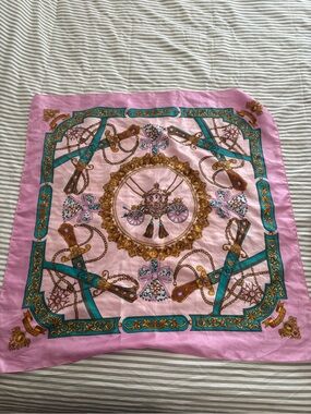 Silk-Style Pink Decorative Scarf with Gold and Teal Equestrian Motif